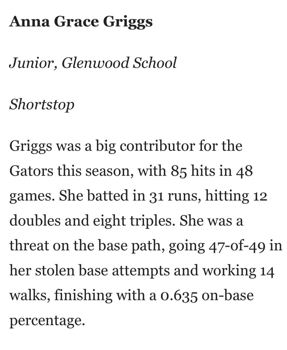 Thankful to Auburn-Opelika news for naming me to the All Area Softball Team. Proud to be mentioned with the talented group of players. <a href="/Acozart44/">Ashley Cozart</a> <a href="/carsonowens12/">Carson O.</a> <a href="/AJDaugherty1/">A.J. Daugherty</a> <a href="/suttonlong5/">Sutton Steele</a> <a href="/leawodach/">Lea Wodach</a> <a href="/AndyLeeNWF/">Andy Lee</a> <a href="/BclarkUSA/">Becky Clark</a> <a href="/CommodoreBuc/">Scot Thomas</a> <a href="/CoachJMcginnis/">Coach McGinnis</a> <a href="/deanAU_TigersSB/">Mickey Dean</a>