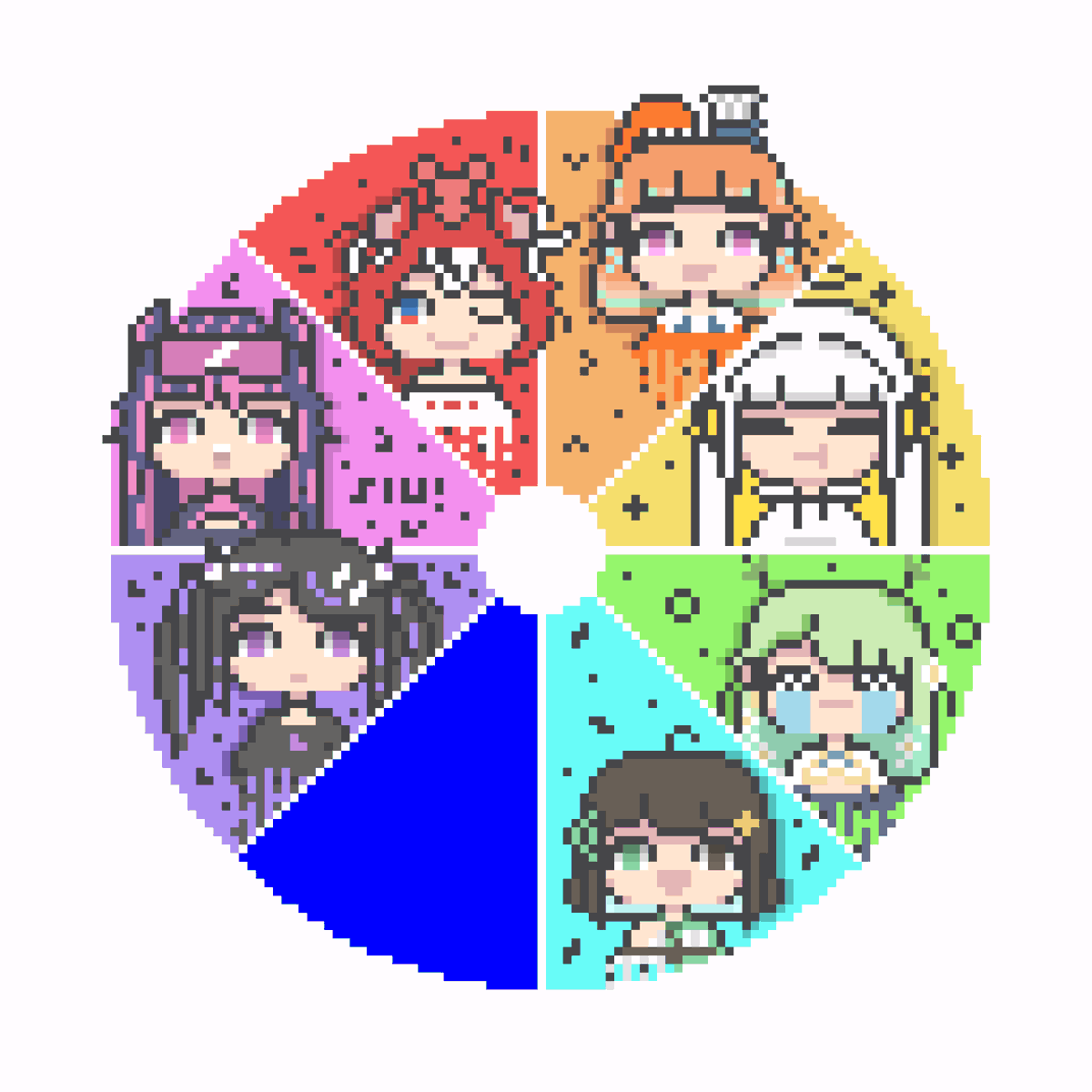 en mi cabeza hacia sentido poner a meica acá por el color de su pelo en la parte de adentro, ahora sólo me queda agregar a nisha, pero en #pixelart y termino ✌️