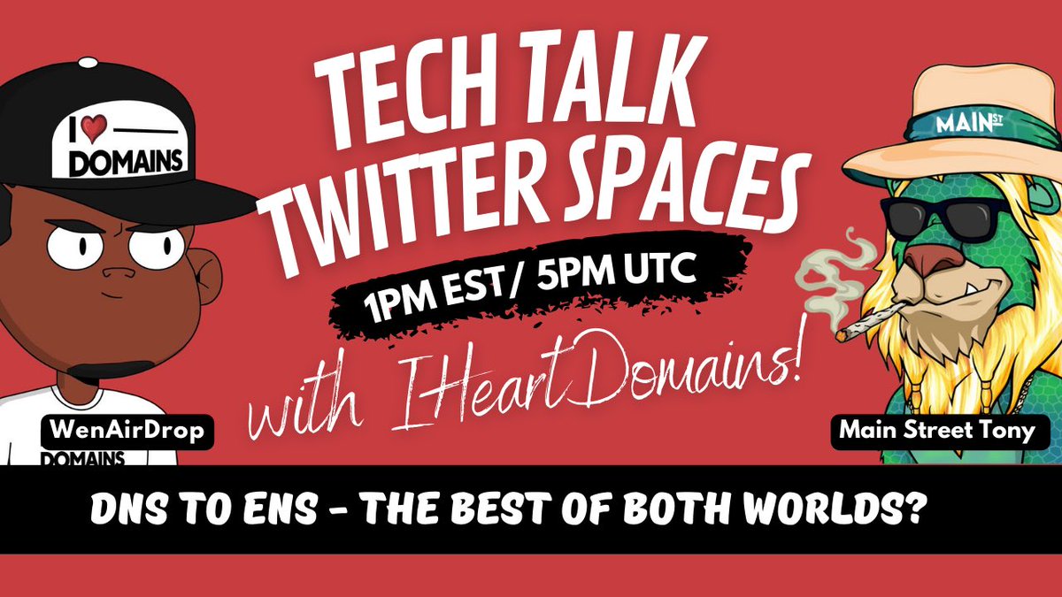 I❤️Domains x MainSt TECH Talk: DNS to #ENS - The Best of Both Worlds?

⏰ June 21 12:00 PM UTC-5

Link3 & Spaces Links 👇
🔗 link3.to/e/2C3kJ1
🔗 twitter.com/i/spaces/1MYGN…

Be in the Spaces for chance to win a FREE #Web3Domain! 

Want to book an #AMA with us? Projects DM for…