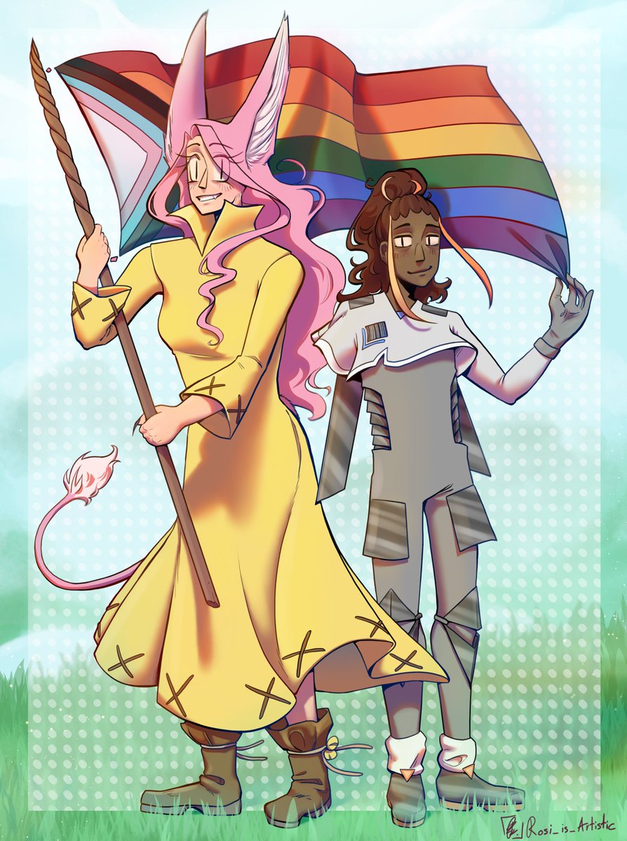 Let's celebrate! Love, don't hate.

These are my characters, Oralin form Oralin's Self Discovery, and Amon from Tamed Rogue. They have traveled across planets just to wave this flag of love! Oho~! (I'm so silly) #pride #pridemonth #queer #alloutwithpride