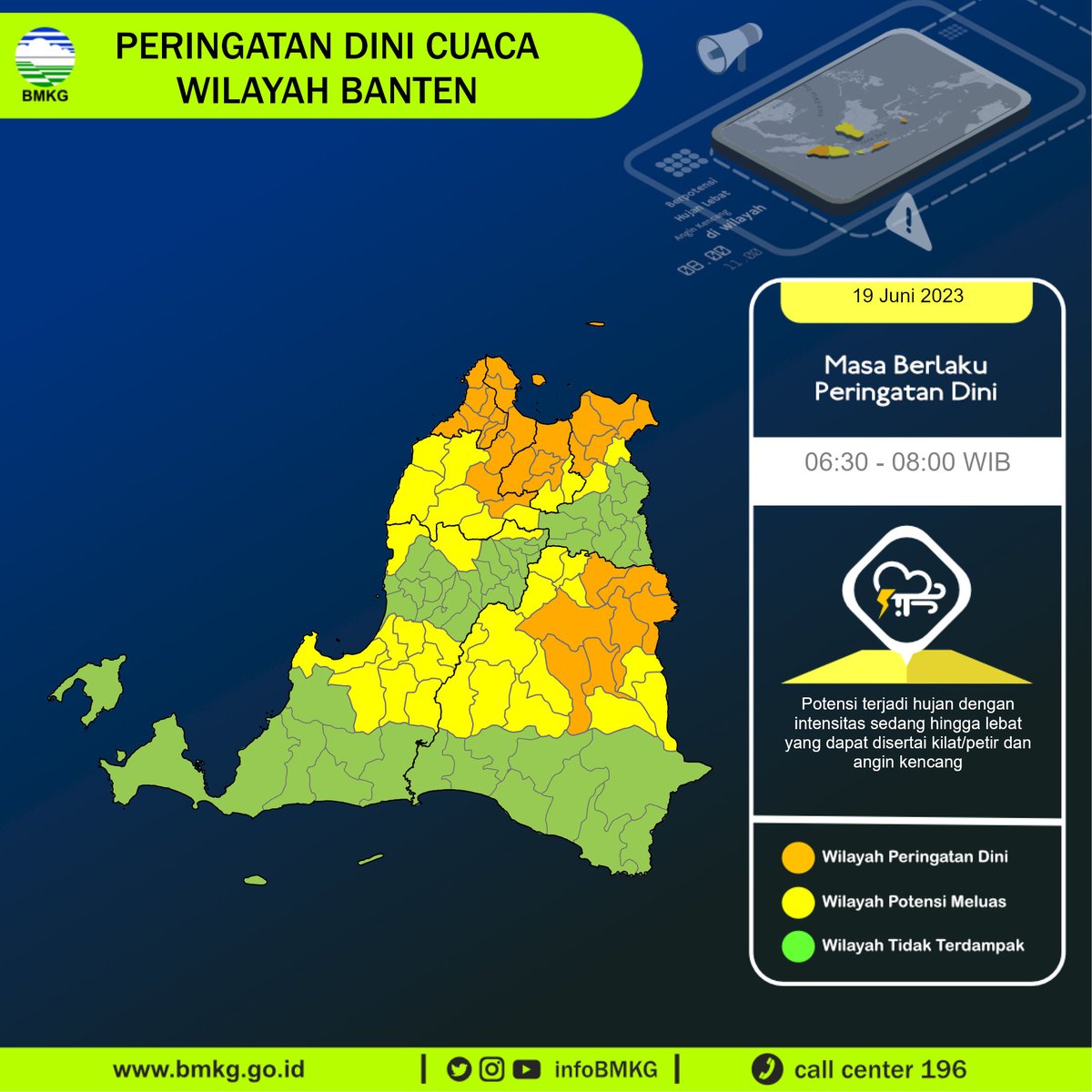 infoBMKG's tweet photo. Update Peringatan Dini Cuaca Wilayah - Banten Tgl. 19 Juni 2023 pkl. 06:30 WIB
Prakirawan - BMKG - Banten 
https://t.co/d4tHCamtcF https://t.co/1YQoWPtWO2
