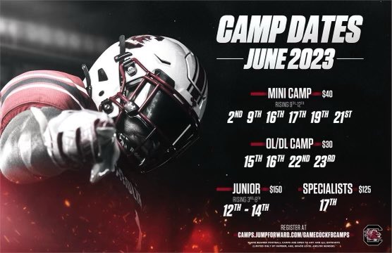I’ll be at the University of South Carolina For camp tommorow June 19th‼️‼️ @GamecockFB #SpursUp @CoachSBeamer @CoachTeasley @Robertson_9two @JessRecruitsSC @GCockRecruiting @RisingStars6