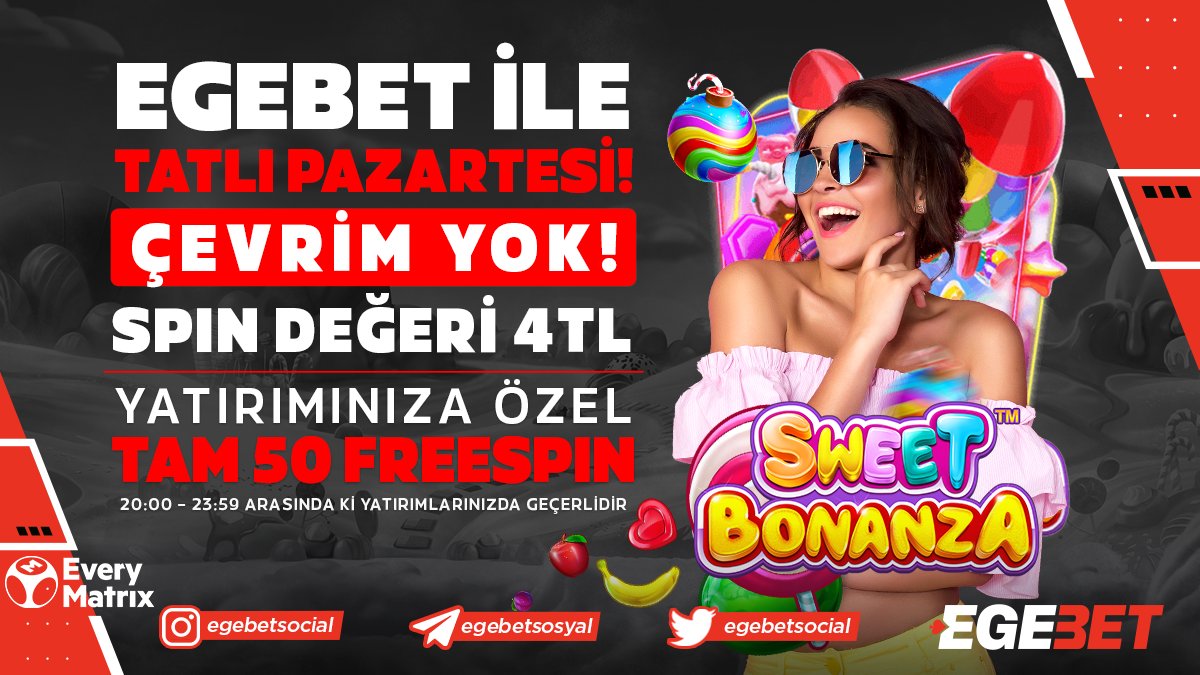 🕺 EGEBET'TE  SWEET BONANZA BAŞLADI🍭 
🔥 20:00 - 23:59 ARASI SİZLERLE 🔥 
⚡️ 50 FREESPIN ⚡️
🕺 HER SPIN TAM 4 TL 💪
🏃 YATIRIMA ÖZEL FREESPİN HAKINI 
🔥 CANLI DESTEKTEN İSTEMEYİ UNUTMA ‼