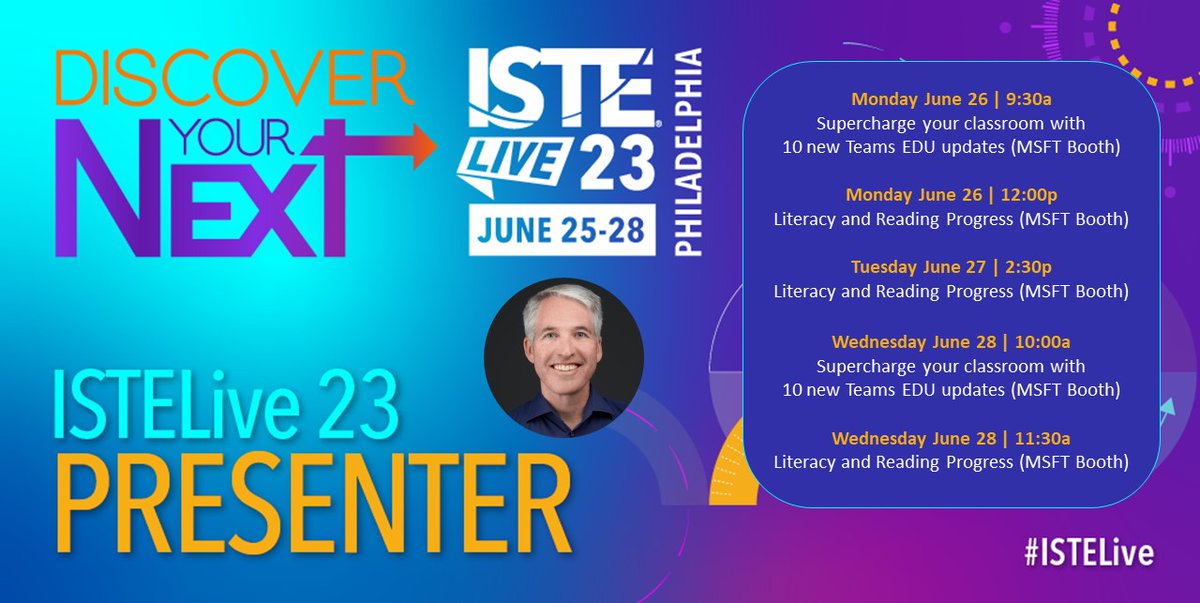 Looking forward to seeing everyone at #ISTELive 🥳 I'll be presenting daily at the #MicrosoftEDU booth:   

1) Literacy and Reading Progress + new updates
2) Top 10 updates in Teams EDU   

#MIEExpert