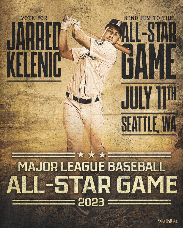All-Star voting graphic for Jarred Kelenic in the style of a country music poster.. The poster reads 