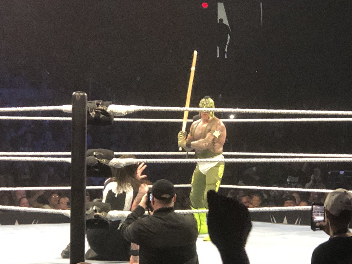 @DomMysterio35 begging @reymysterio to not beat him with a kendo stick. #WWECharleston #HappyFathersDay