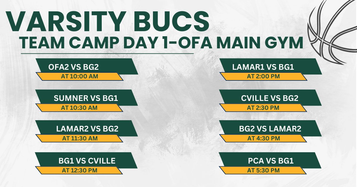 Varsity Bucs head to OFA tomorrow for Day 1 of the OFA Team Camp. #BGS #BowlingGreenSchool #BucStrong #GeauxBucs #BucNation