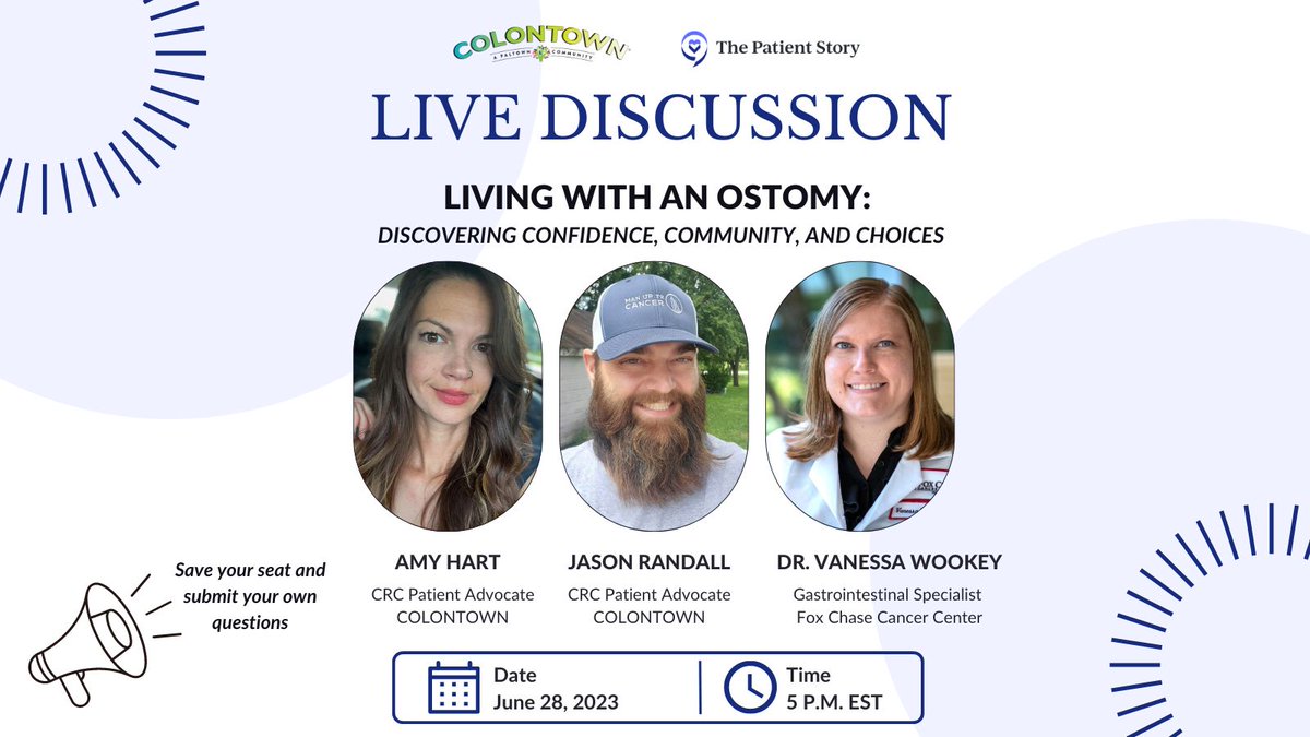 Mark your calendar & register now! Our very own COLONTOWN patient advocates Amy & @mrjasonrandall will be joining Dr. Vanessa B. Wookey from @FoxChaseCancer for a live discussion on Living with an Ostomy, co-hosted by @Patient_Story. Sign up for free: bit.ly/LivingWithAnOs…