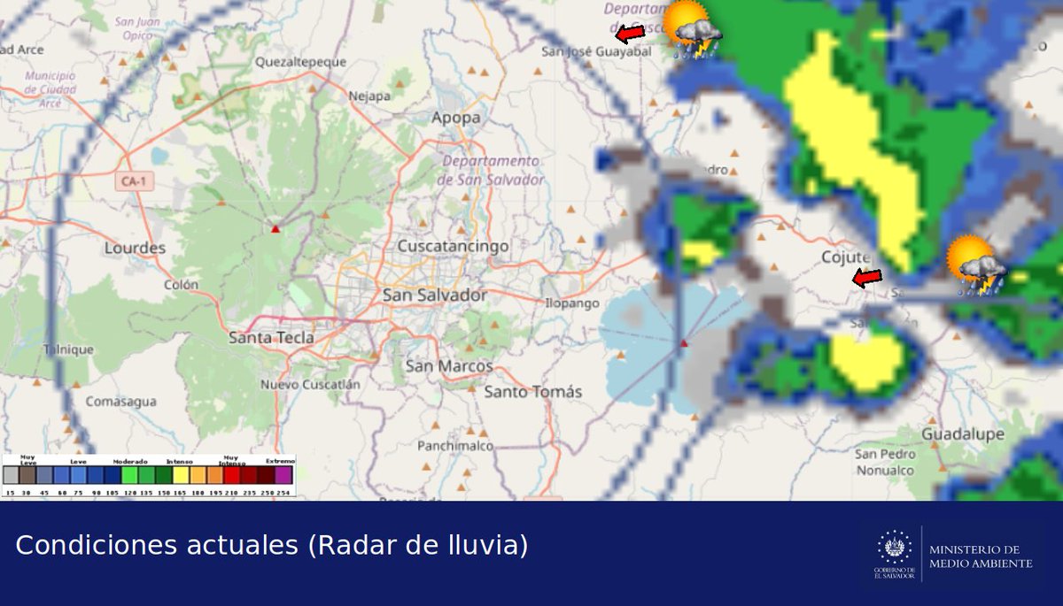 📌#ElObservatorioInforma Se espera el ingreso de lluvias y tormentas de moderadas a fuertes en el Área Metropolitana de San Salvador en los próximos 20 a 40 minutos. Se prevé que estas generen ráfagas de viento durante su desplazamiento. OB