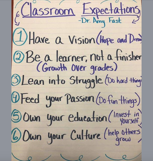 These 'classroom expectations' are goals  – both in and out of the classroom! 

(Poster by T Christopher M. Camizzi's, inspired by educator Amy Fast)