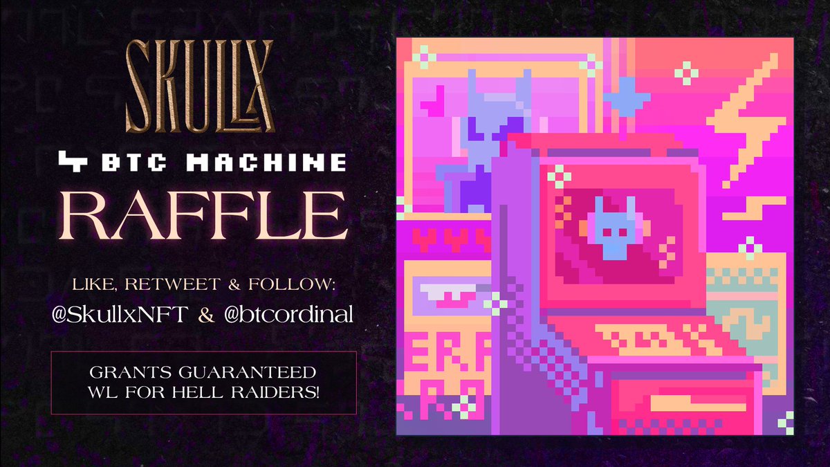 🔥𝗕𝗧𝗖 𝗠𝗮𝗰𝗵𝗶𝗻𝗲 𝗥𝗮𝗳𝗳𝗹𝗲🔥
We have one final 1/1 Skullx BTC Machine to give away!
To enter:
- 🧡/🔁
- Follow <a href="/SkullxNFT/">Skullx</a> &amp; <a href="/btcordinal/">BTC MACHINE🤖 - BTC VIRUS🦠</a>
- Tag your ordinals crew

This also gives a guaranteed Hell List spot for June 26's Hell Raiders drop!

Ends 06/22, 7am PST/10am EST