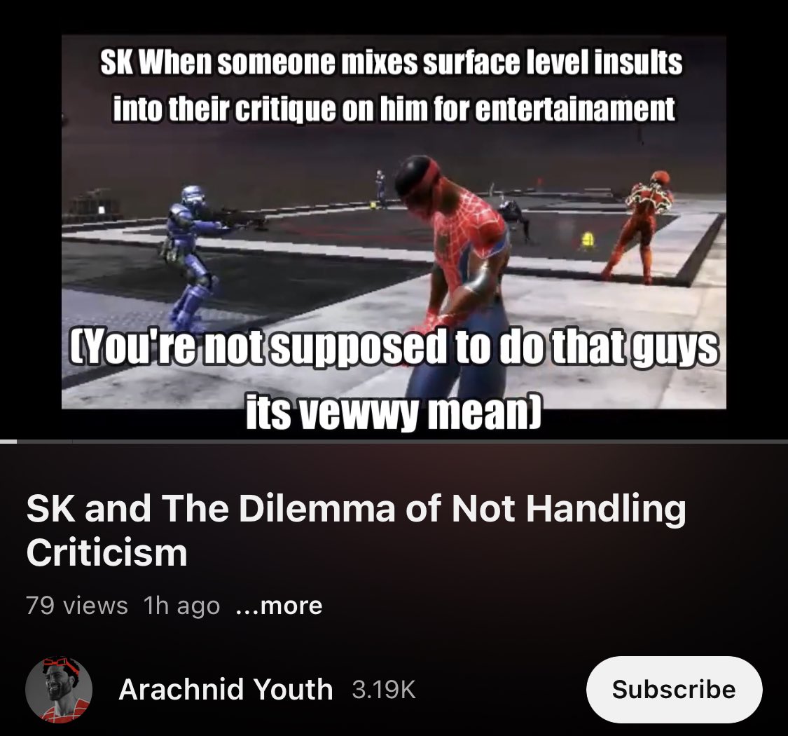 I find it funny that Arachnid Youth thinks I can’t take criticism because I expect basic civility in a disagreement.

Even though he literally spent 40 mins defending child porn in a debate (yes I have a recording) and he said not insulting him is better to try convincing him.