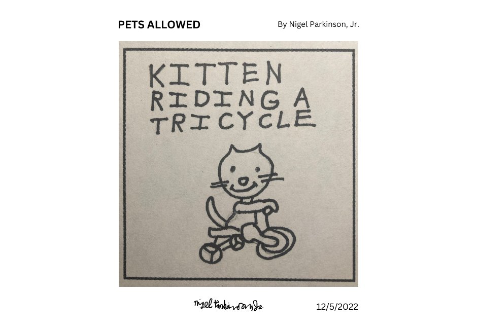 Pets Allowed :: Kitten Riding A Tricycle

#kitten #tricycle #comicstrip #finelinemarker 
#cutekitten #animal #whiskers #art #artwork 
#traditionalart