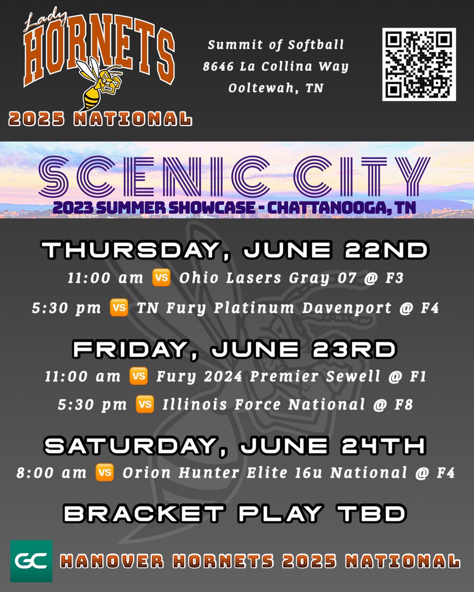 Catch us this week at the <a href="/ConnectSports_/">Connect Sports</a> Scenic City 2023 Summer Showcase!🐝🧡💪 

All games will be live streamed on GameChanger TeamManager👀

softballteam.live/hornets2025