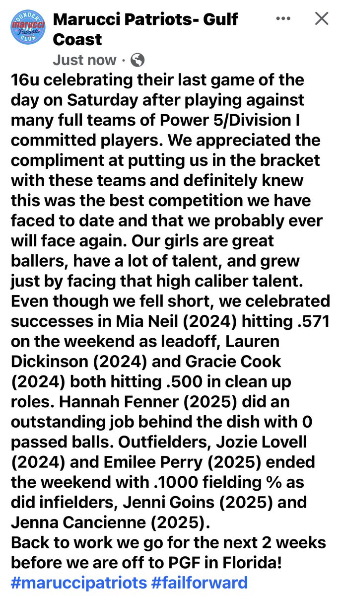 Loved the competion in the top bracket @Tbolts5Star! Several of our girls turned ⬆️! @mia_neil17 @Gracie_C_2024 @lauren4softball @Hfenner32 @jennigoins2025 @jennacancienne @Emileeperrysb28 @jozie_22 #maruccipatriots #failforward