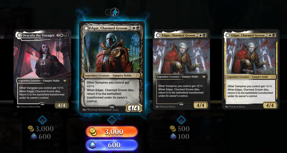 Styles in Magic The Gathering sometimes are different artwork so I like to check what some of the other art are. Today I found out Edgar, Charmed Groom has an ENTIRE DIFFERENT NAME! Dracula the Voyager in it's card styles. Also if you search for Dracula name Edgar does show up