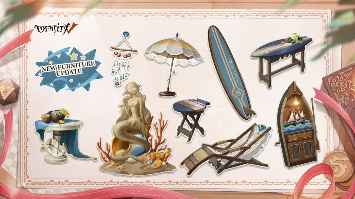 Dear Visitors,
Take part in our Summer event - Island Summer Diaries and complete event tasks to receive rewards such as the Mechanic's A accessory, Portrait and Portrait Frames. There will also be a new furniture update, stay tuned! 🏖

#IdentityV #SummerEvent #Diary