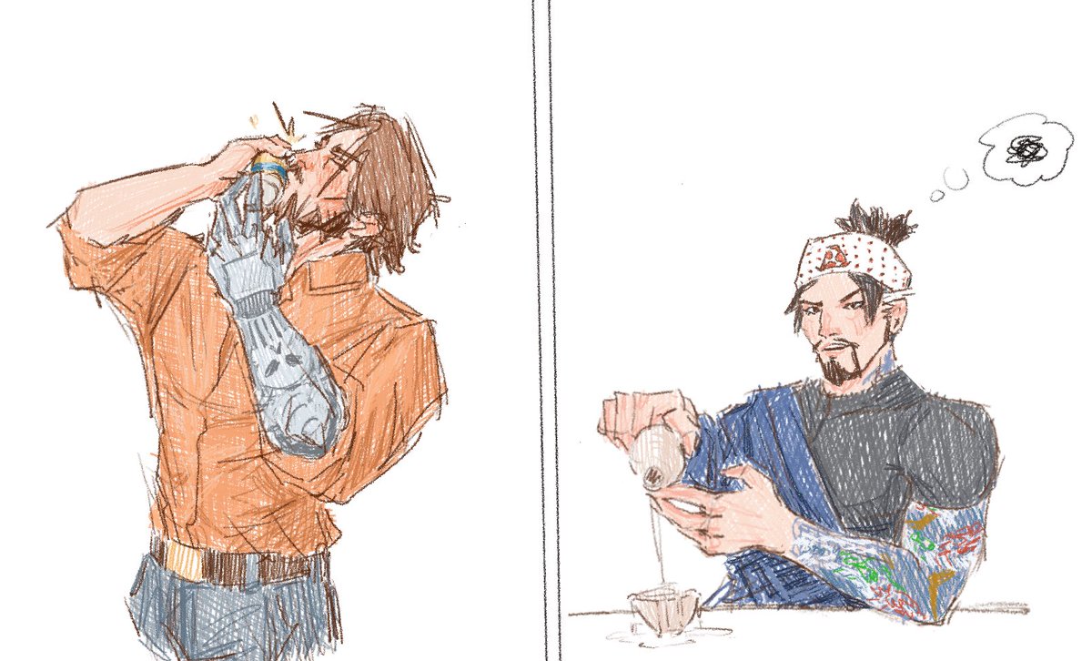They’re showing each other their cultures drinking traditions #yeehan #ColeCassidy #HanzoShimada #Overwatch