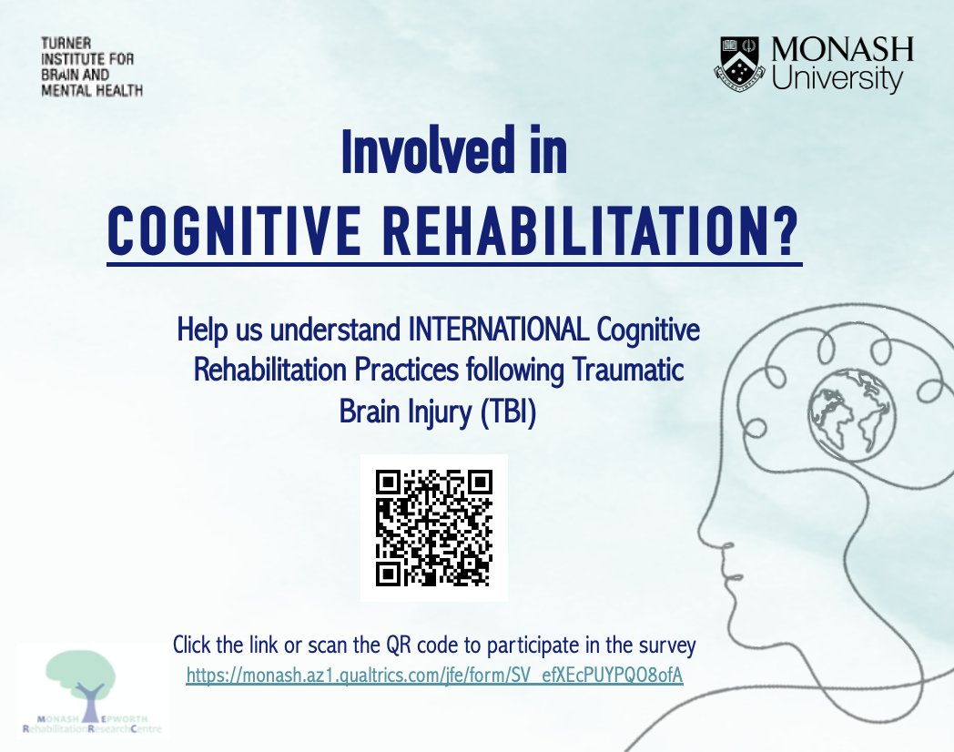 We want to know about #CognitiveRehabilitation practices post-TBI around the globe! 🧠🌏

Click the link to participate in the international online survey : monash.az1.qualtrics.com/jfe/form/SV_ef…

<a href="/jennpon/">JennieP</a> <a href="/JTrevenaPeters/">Jessica Trevena-Peters</a> 

#NeuropsychTwitter #OTtwitter #SLPeeps