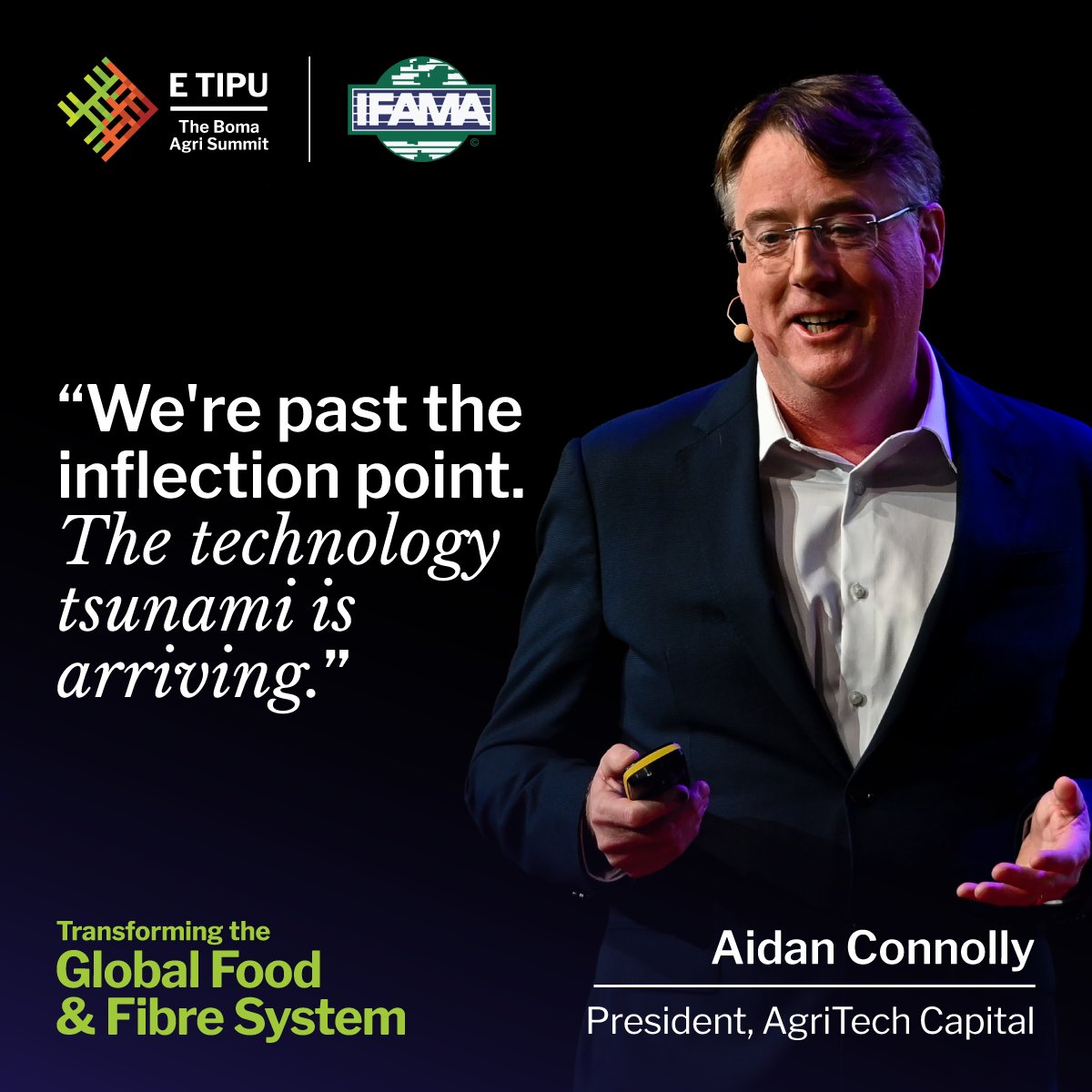 #ETipuIFAMA2023 SPEAKER HIGHLIGHT: Aidan Connolly, President of AgriTech Capital, dives into digital disruption of food and farming — and how data and technology will transform agriculture. #BomaNZ <a href="/IFAMAIntl/">IFAMA</a> #Disruption #FoodTech #Agritech #AgTech #FutureFood #AgTwitter