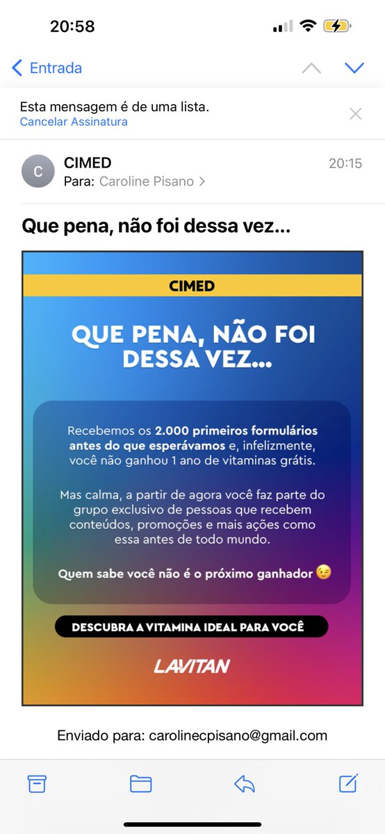 userdacaroline's tweet photo. E essa propaganda enganosa da Lavitan no Domingão? Certeza que só pra ficar com nossos dados e ficarem enviando email de propaganda enchendo o saco! Já até bloqueei. https://t.co/vzqDwo45ZG