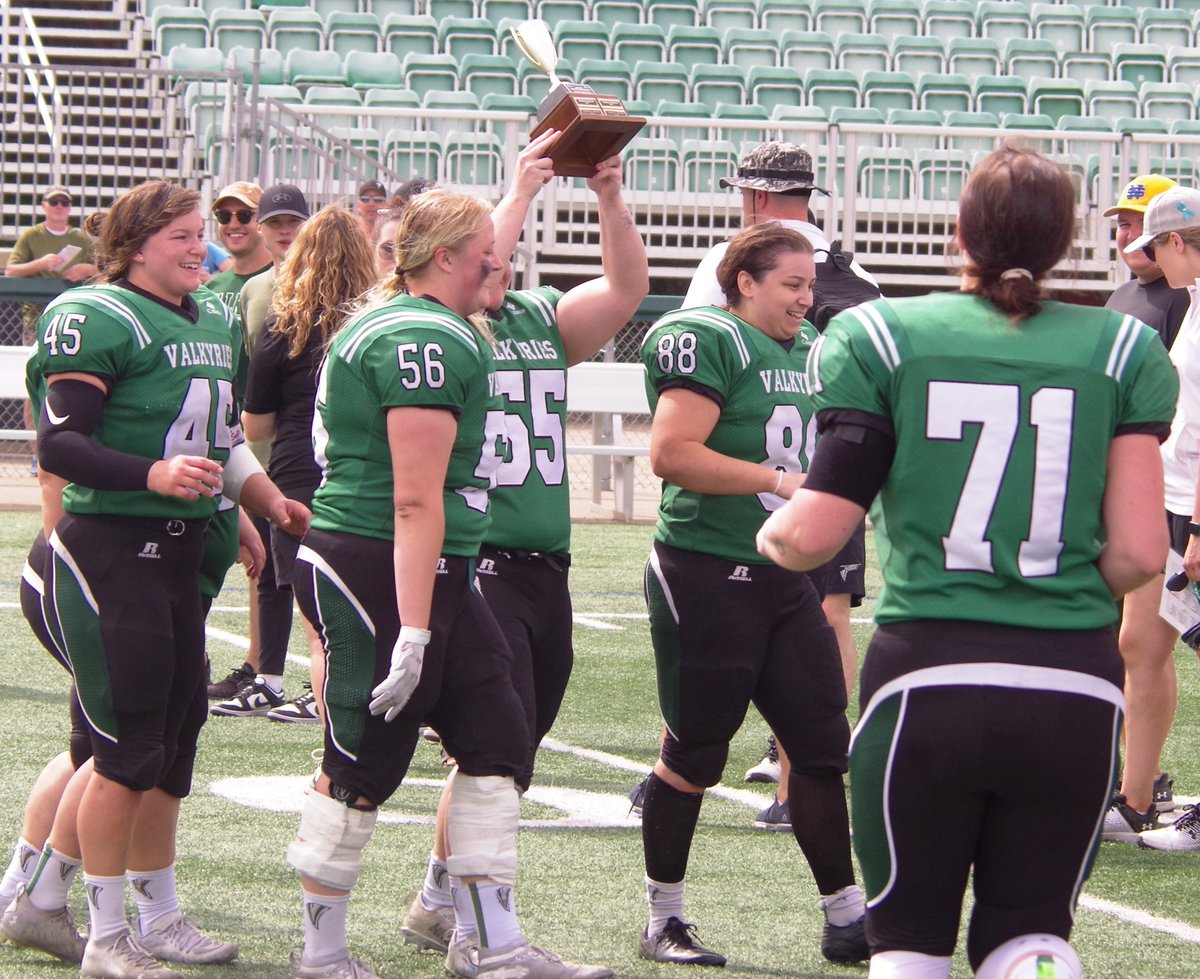 One more to go. Congratulations to <a href="/ValkyriesYXE/">Saskatoon Valkyries</a> on winning the #WWCFL's Prairie Conference final. Good luck in the #WWCFL Championship Game this coming Saturday.