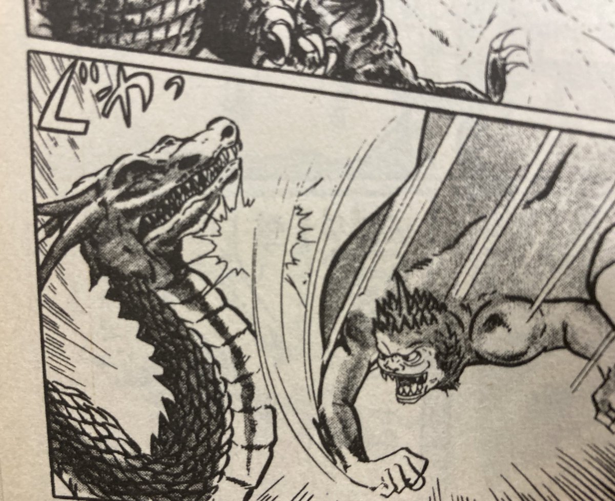 連日脈絡なく『怪獣総進撃』のこと呟く謎の漫画家、俺。どうしたんだ。堀江卓先生のコミカライズの冒頭、ゴジラの後ろにいる謎の怪獣。バランともバラゴンとも顔が違う。