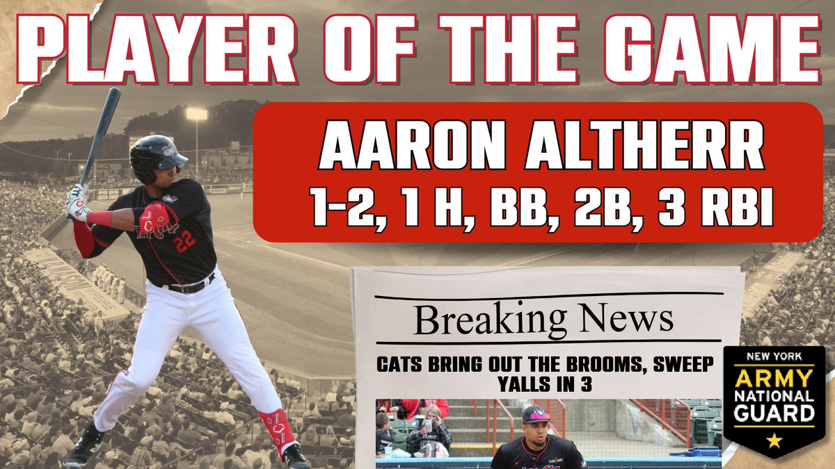 'Cats sweep the Y'alls!! 🧹🧹🧹

We finish the homestand on a five game winning streak, our largest of the season!

Aaron Altherr gets 3 RBIs to lead the 'Cats and is your New York Army National Guard Player of the Game!

#VamosGatos #Forthe518