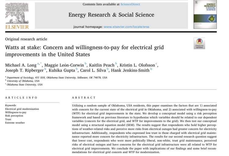 SayHeyMaggieLC's tweet photo. What factors are associated with concern for the electrical grid &amp;  willingness-to-pay (WTP) for electrical grid improvements in Oklahoma? Find out in our latest ERSS paper! https://t.co/rNr28F19RO