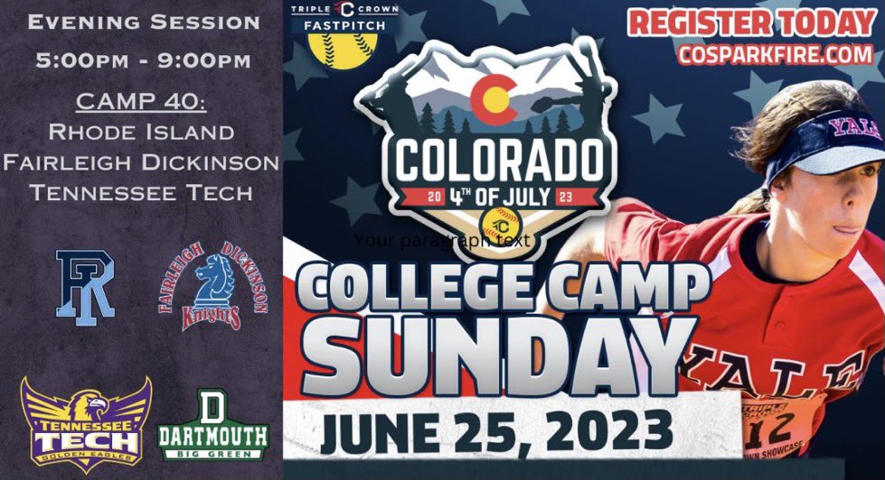 Recruits if you will be in Colorado 1 week from today join @FDUKnightsSB along w/@RhodySoftball @DartmouthSball & @TTU_Softball for a great evening camp 🌄 there are still spots available 👍 Hope to see you there! Register below for Camp 40 🥎👀👇🤩💪 cosparkfire.com/eveningsession…