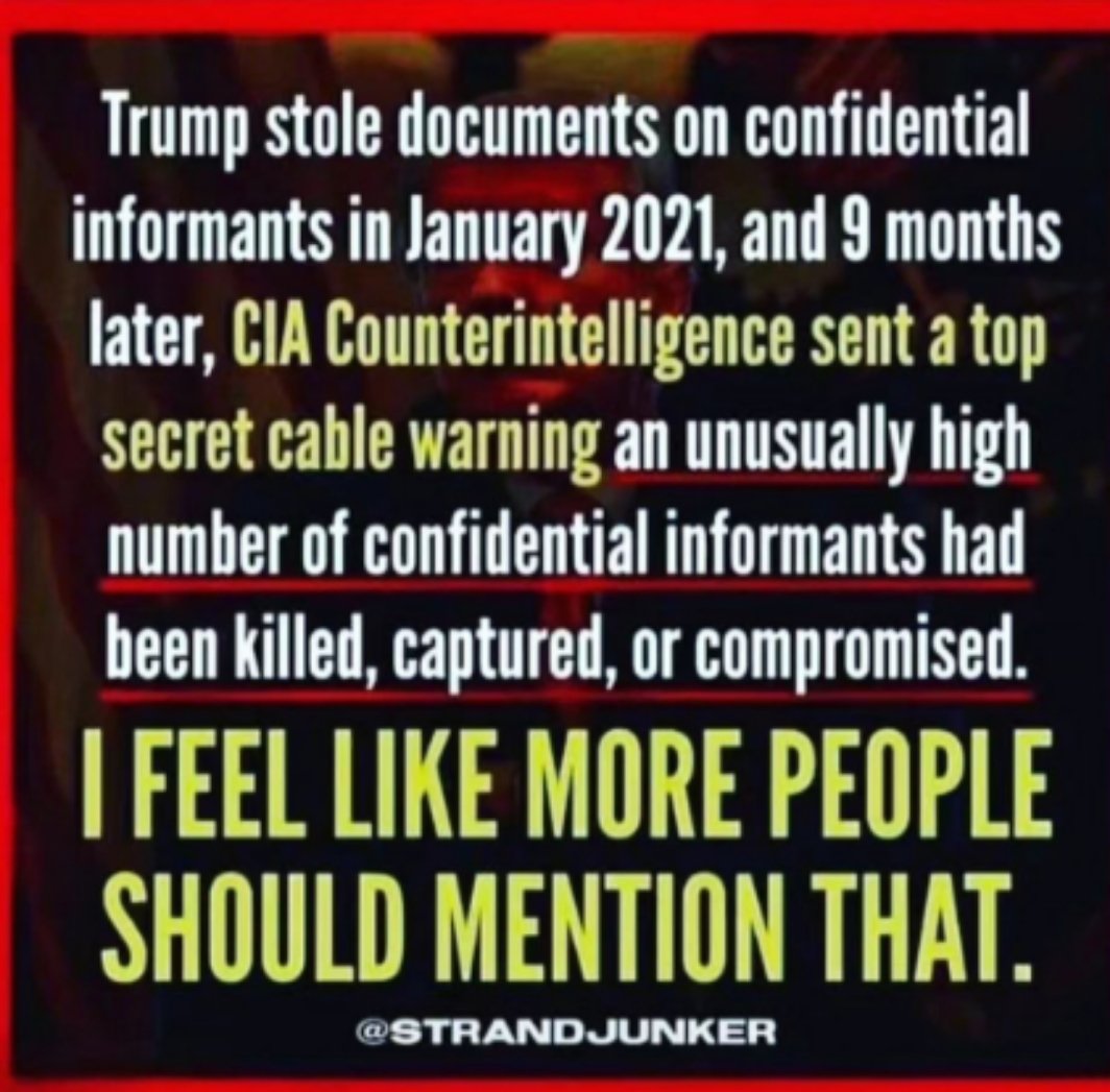 TonyHussein4's tweet photo. @jerrieskid Nine months after Donald Trump left the White House with boxes, and boxes, of classified and top-secret documents, an unusually high number of our confidential informants were killed or captured. https://t.co/92eOxsCIAb