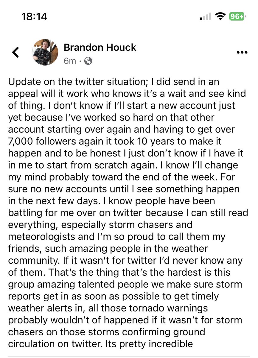 MorganLaidler's tweet photo. A message on FB by @houckispokisewx

Also, @Twitter release this man from twitter jail already. You got the wrong guy. 

#abstorm https://t.co/dqrLaIUFKR