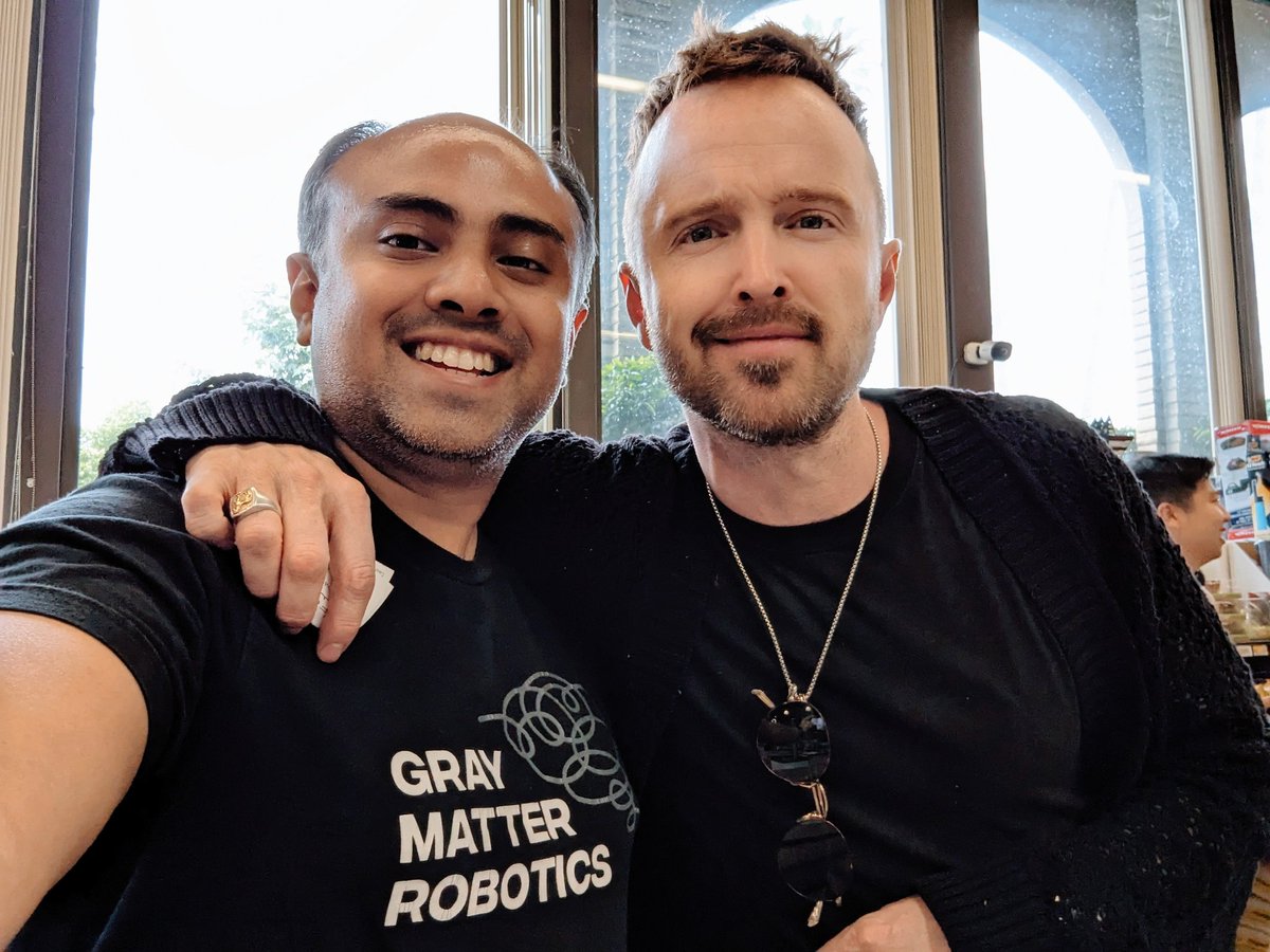 ariyankabir's tweet image. Look who I ran into today!  @aaronpaul_8 let's get some @GrayMatterRobot in the next @blackmirror!
