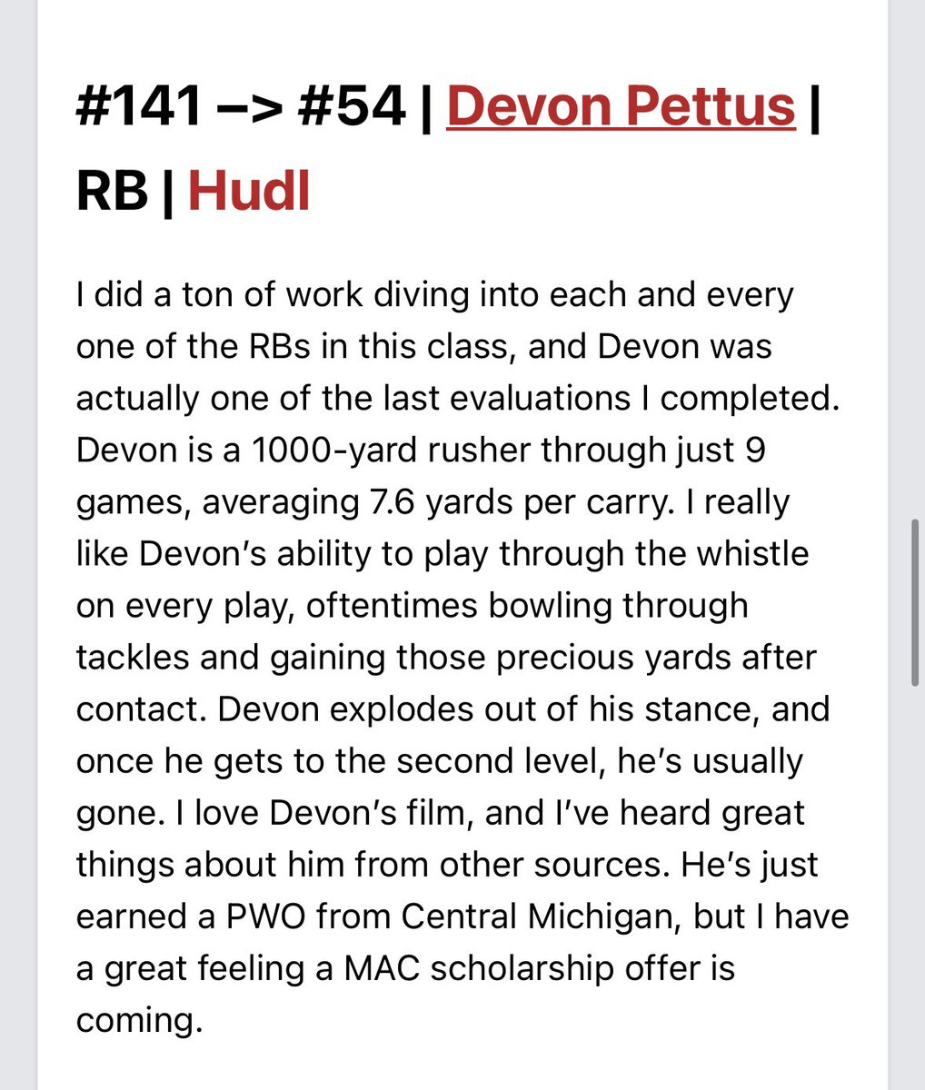 Devon Pettus (@devonpettus) on Twitter photo Grateful to be ranked #54 overall and the #5 RB in Michigan! Thanks <a href="/alex_pallone/">Alex Pallone</a> for the new rankings and the write-up! Appreciate it very much! 💯‼️
<a href="/PrepRedzoneMI/">Prep Redzone Michigan</a> <a href="/TheD_Zone/">The D Zone</a> <a href="/AllenTrieu/">Allen Trieu</a> @HSFBscout <a href="/LemmingReport/">Tom Lemming</a> <a href="/MIexposure/">Michigan exposure</a> <a href="/SBLiveMI/">Michigan High School On SI</a> @Rivals_Clint @footballcanton <a href="/coachBCbess/">Casey Bess</a> Grateful to be ranked #54 overall and the #5 RB in Michigan! Thanks <a href="/alex_pallone/">Alex Pallone</a> for the new rankings and the write-up! Appreciate it very much! 💯‼️
<a href="/PrepRedzoneMI/">Prep Redzone Michigan</a> <a href="/TheD_Zone/">The D Zone</a> <a href="/AllenTrieu/">Allen Trieu</a> @HSFBscout <a href="/LemmingReport/">Tom Lemming</a> <a href="/MIexposure/">Michigan exposure</a> <a href="/SBLiveMI/">Michigan High School On SI</a> @Rivals_Clint @footballcanton <a href="/coachBCbess/">Casey Bess</a>