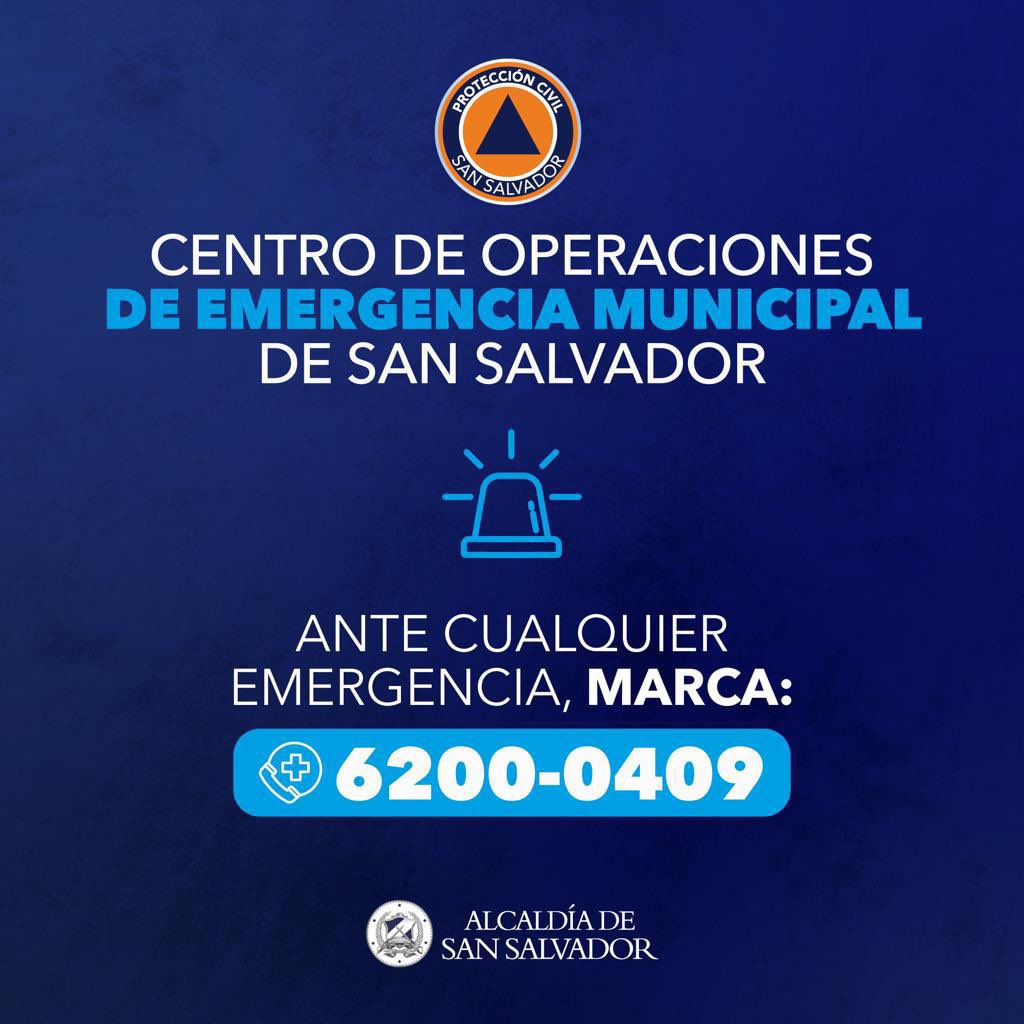 Ponemos a disposición nuestro número del Centro de Operaciones de Emergencias de Protección Civil de la Alcaldía de San Salvador, ante las condiciones climáticas que se presentan. ⚠️