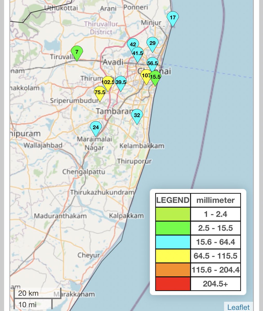 5.55 AM . That’s the most scariest thunder I have ever heard . lightning as well . Nungambakkam 65 mm so far , couple of stations in Chennai has gone more than 100 mm , more rains ahead next 1, 2 hours #chennaiRains #ChennaiWeather