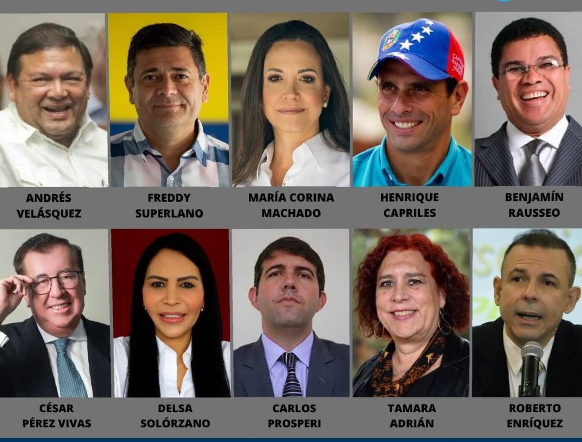 Vamos con esta encuesta.

Por quien votarias en las primarias?

1- Maria Corina Machado 

2- Andres Velasquez 

3- Cesar Pérez Vivas

4- Enrique Capriles

5- Freddy Superlano

6- Delsa Solorzano

7- Carlos Prosperi

8- Roberto Enrique 

9- Benjamín Rausseo

10- Támara Adrian