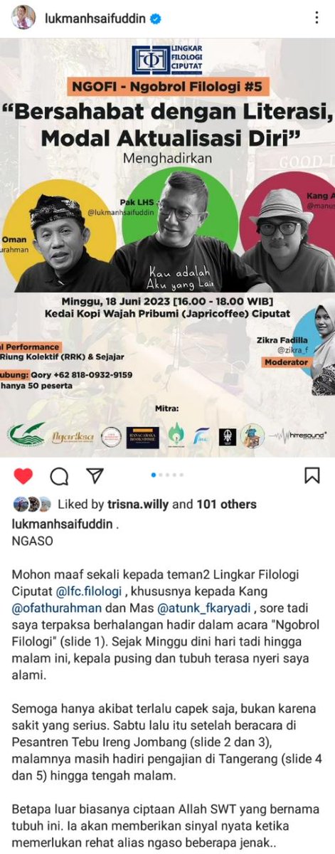 Semoga Pak <a href="/lukmansaifuddin/">Lukman H. Saifuddin</a> lekas sembuh &amp; pulih kembali. Lain kesempatan bisa Ngofi (Ngobrol filologi) di <a href="/LFC_Ciputat/">Lingkar Filologi Ciputat</a>