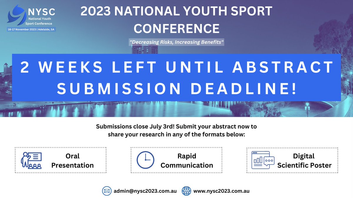 📢 ONLY 2 WEEKS LEFT 

Abstract submissions for #NYSC2023 close in 2 weeks time!   

Want the opportunity to share your research? Submit your abstract now at: nysc2023.com.au/submit-abstract  

📅 Deadline: July 3rd  

#youthsport #callforabstracts #scholarlyexchange #conference