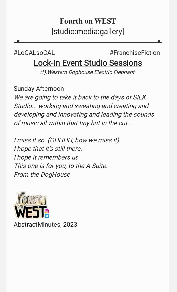 FourthonWEST's tweet photo. Fourth on WEST [Lock-In]
#WesternDoghouseElectricElephant

"And learning as we go along. Stacking and racking. Adventures and the what-nots. From a tiny hut to a tiny tabletop within the Western standard. 
Mountain, desert, landscape, and West ridge sea. Updated."

#storytelling https://t.co/sMQpnaBH5v