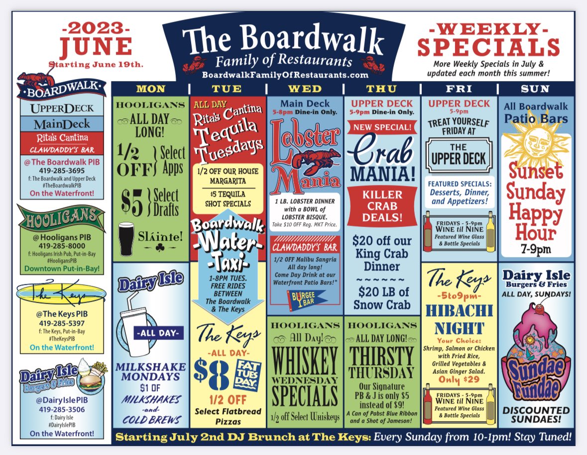 Tomorrow is the day The Boardwalk Family of Restaurants 2023 Calendar of Events START! Screenshot! #pib #putinbay #lakeerie