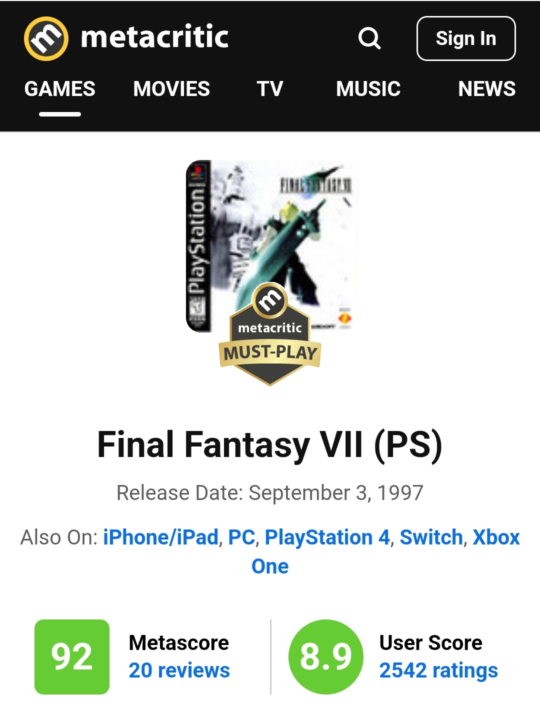 Final Fantasy VII - Metacritic