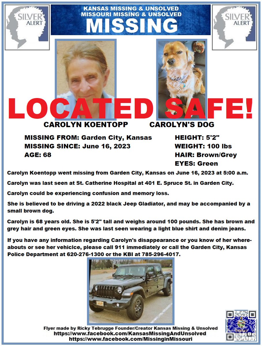 CAROLYN HAS BEEN #LOCATED SAFE!!! THANK YOU TO ALL WHO RETWEETED HER FLYER!!! #MISSINGPERSON #MISSING @AnnetteLawless #KansasMissing #MissingInKS