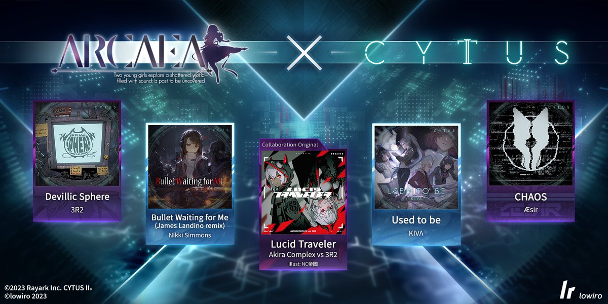 4 immense and memorable songs from Cytus II are brought to Arcaea in v4.5 via the new collaboration Pack.

And, a new original song is introduced: "Lucid Traveler" by Akira Complex vs 3R2

This may all seem like a dream but nonetheless reach out ahead. Make it real.
#arcaea