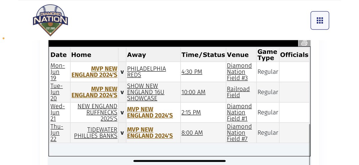 Schedule for this week at Diamond Nation for Super17.