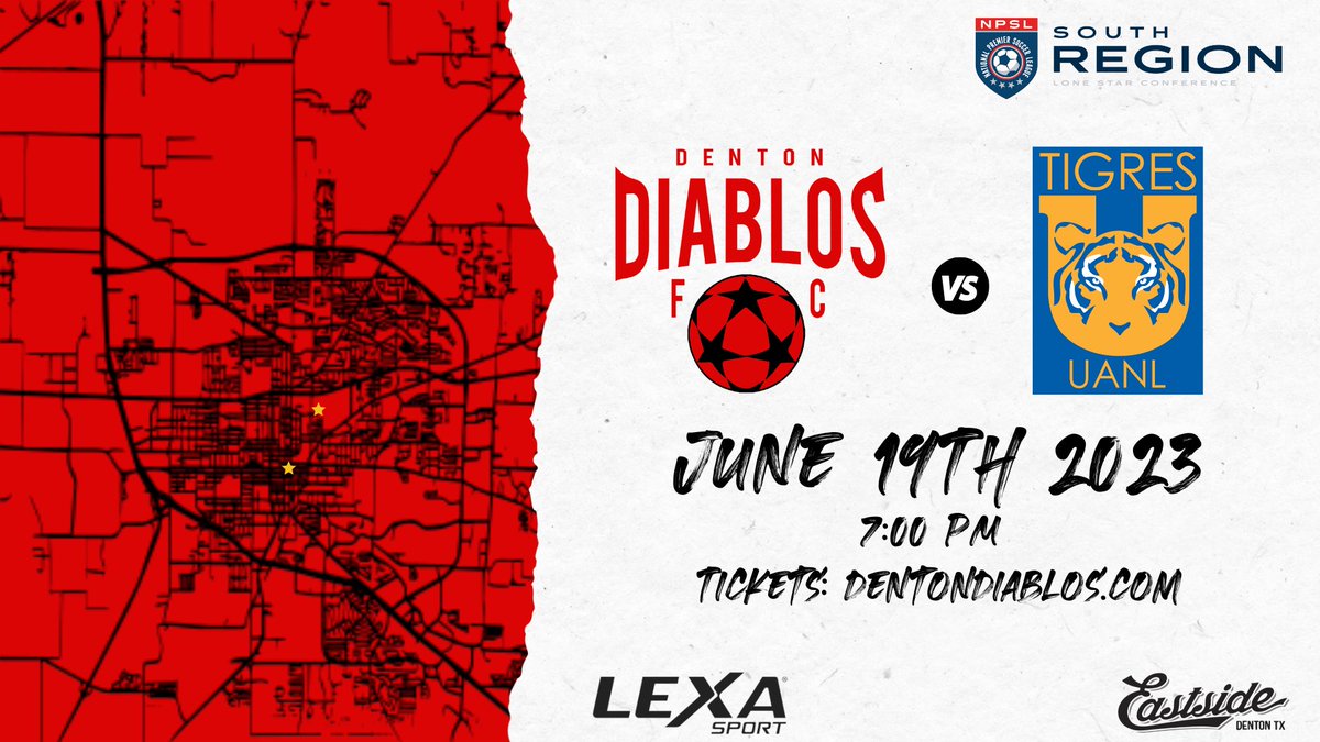 🚨IN 24 HOURS🚨

International ⚽️ comes to Denton!

🆚<a href="/TigresOficial/">Club Tigres 🐯</a> Reserves
📆Monday June 19th (TOMORROW)
⏰7:00 pm
🏟️TWU Pioneer Soccer Park
1620 Frame St Denton
🎥Facebook.com/dentondiablos
🎟️ app.gopassage.com/events/diablos… 

Get tickets now, we’re expecting a record breaking crowd!
