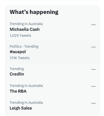 So it's Monday AM, you launch #Twitter and this is what you see! #LNPNeverAgain #Auspol Peta Credlin & #NewsCorpse Interest rates & #RBA #ABCTV. It just got worse........ #PaulineHanson & #Pentecostals have joined the leader board! 

Done for the day...............👋