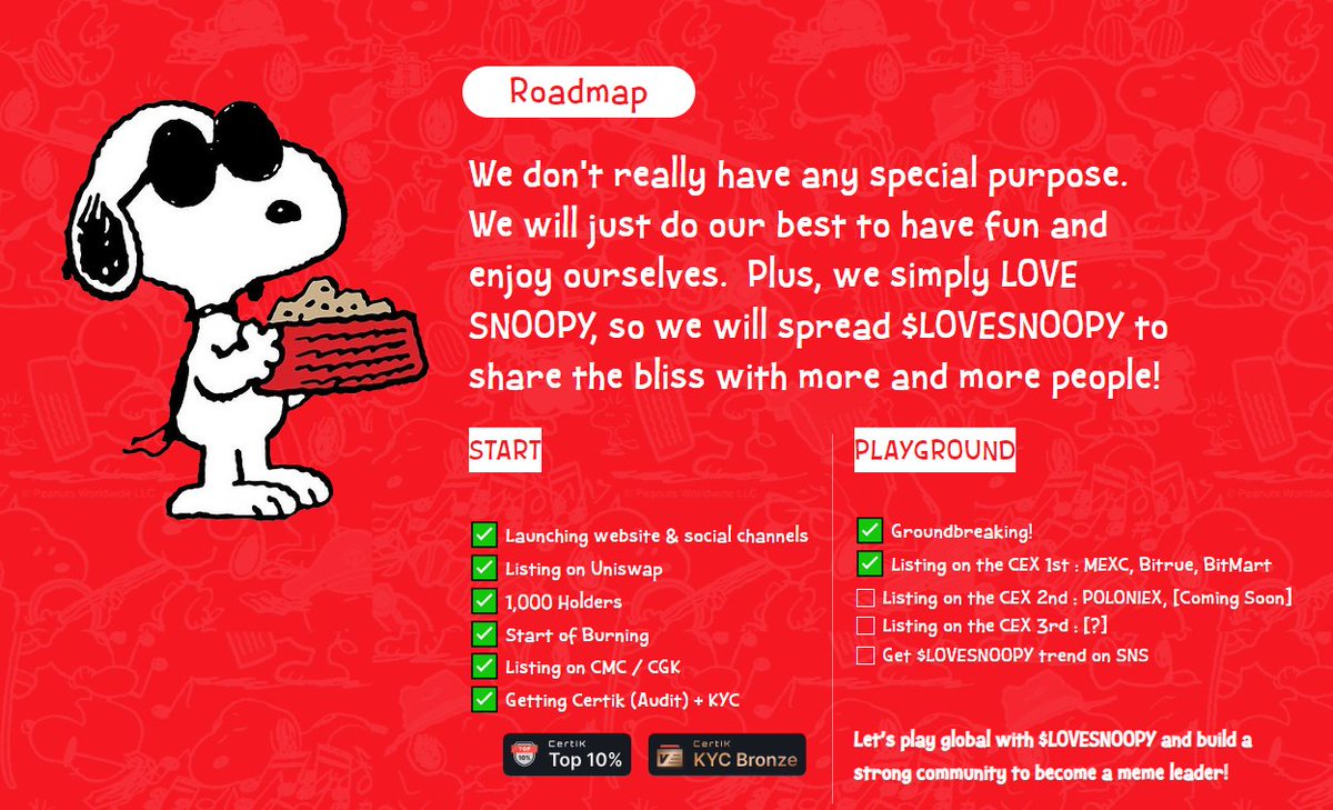 ilovesnoopy1949's tweet photo. We are embarking on a journey filled with high hopes from many holders🚀🙏🐾

We know it well. LOVESNOOPY will not disappoint our community.

Take a look at the roadmap and join us!
#MemeCoin #meme #legit #token #crypto https://t.co/dnbjTS31WH