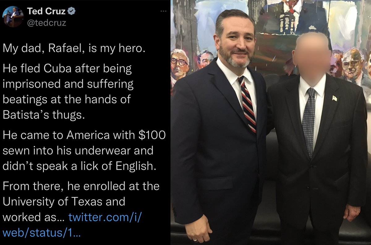Dear @TedCruz: Should we deport your Dad?

He fled oppression. He gave up everything to give his family a good life. He overstayed his visa. Yet the US granted him asylum...

Just like all the other "illegals" you bash.

But his only real crime was bringing you here. 

Because