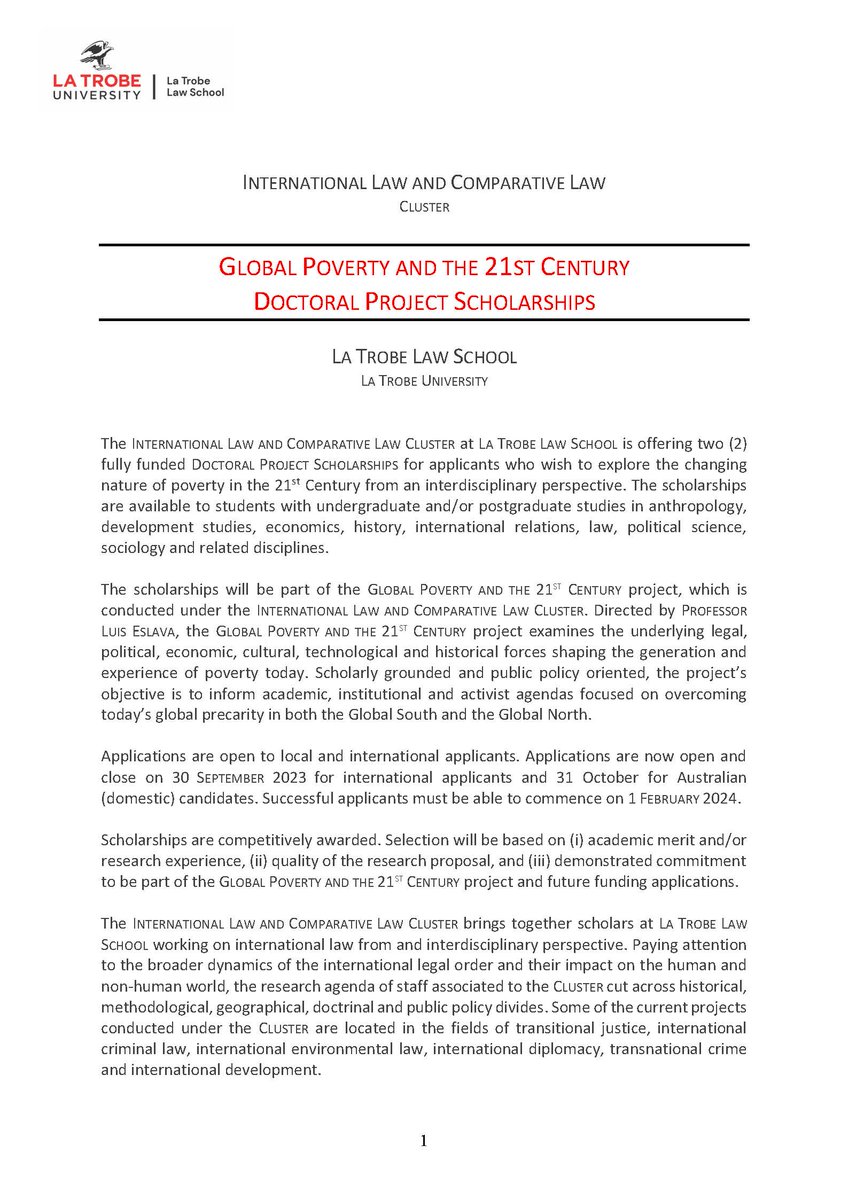 latrobelaw's tweet photo. @Latrobelaw’s IntlLaw &amp; Comparative Law Cluster is offering 2 fully funded PhD scholarships for interdisciplinary applicants who wish to explore the changing nature of poverty in the 21st Century. Come to work with @l_eslava &amp; colleagues! #ApplicationsOpen https://t.co/2KU8kympFL https://t.co/TCucZ4nm8d